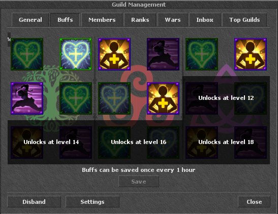 Tela de buffs do novo sistema de guilds